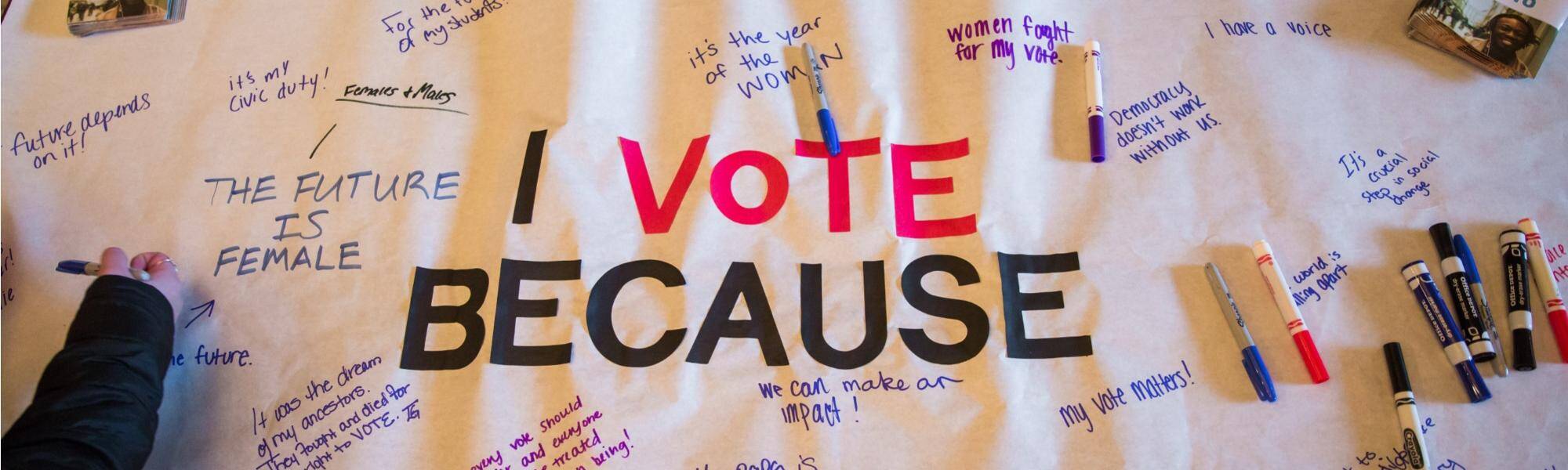 I Vote Because banner with students' responses